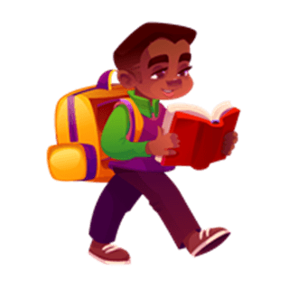 A child walking to school with a backpack, reading a book